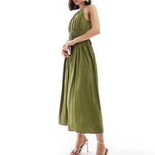 & Other Stories Plisse Midaxi Dress With Shirred Detail in Khaki Green