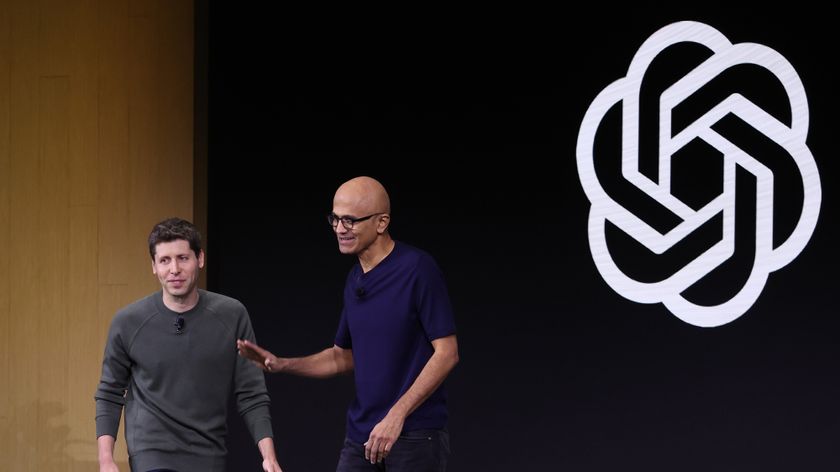 Microsoft CEO Satya Nadella (R) greets OpenAI CEO Sam Altman during the OpenAI DevDay event on November 06, 2023 in San Francisco, California.