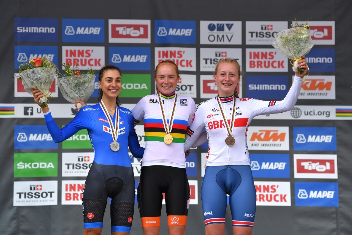 The junior women's time trial podium: Camilla Alessio (Italy), Rozemarijn Ammerlaan (Netherlands) and Elynor Backstedt (Great Britain).