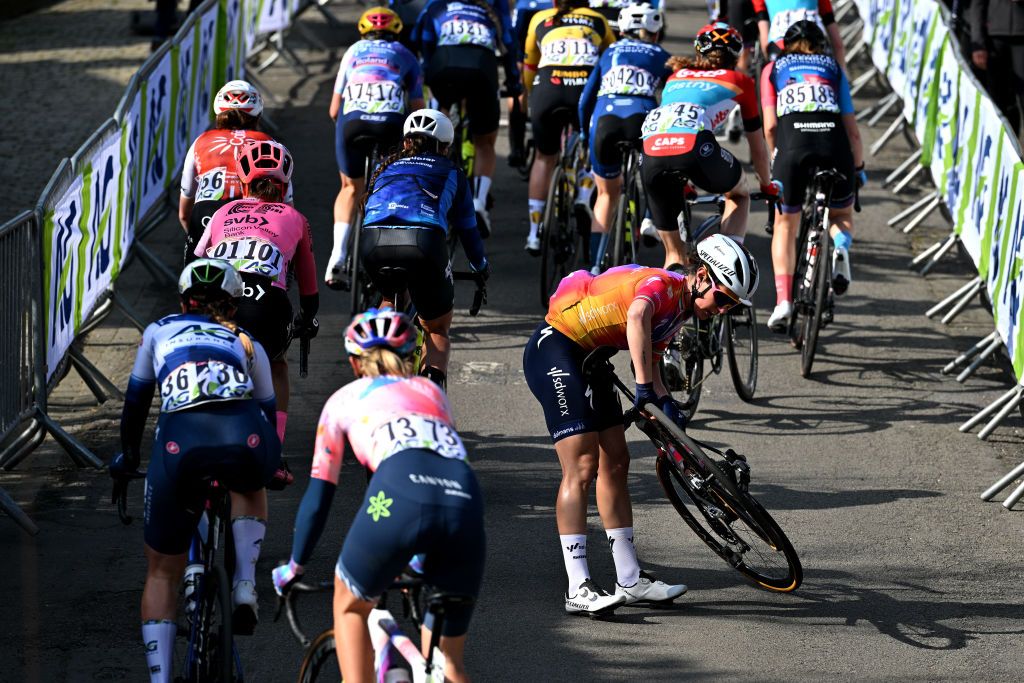 HUY BELGIUM APRIL 19 Elena Cecchini of Italy and Team SD Worx suffers a mechanical problem during the 26th La Fleche Wallonne Feminine 2023 a 1273km one day race from Huy to Mur de Huy UCIWWT on April 19 2023 in Huy Belgium Photo by David StockmanGetty Images