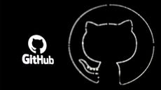 GitHub logo and branding in white coloring pictured on left hand side against a black background, with larger cat logo on right.