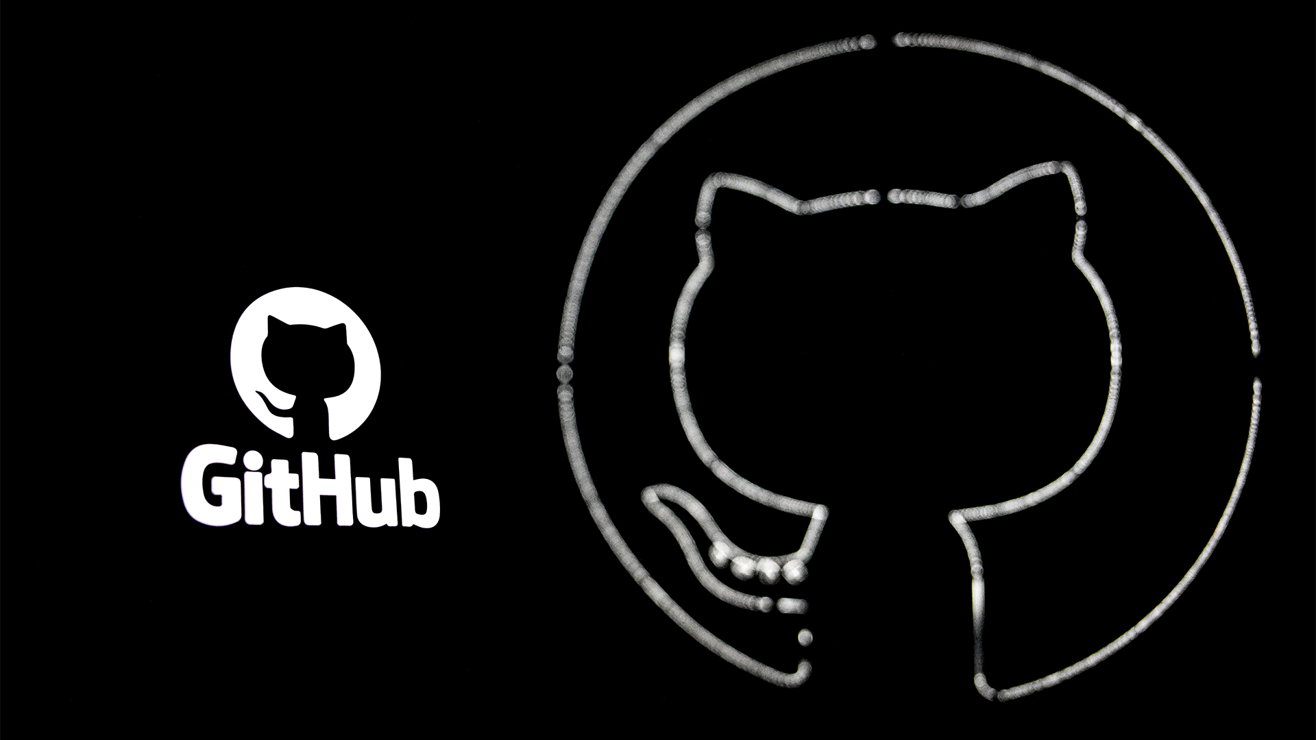 GitHub logo and branding in white coloring pictured on left hand side against a black background, with larger cat logo on right.