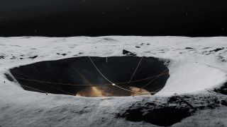 an illustration of a large upside-down dome suspended in side a crater on the moon