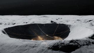 an illustration of a large telescope suspended in side a crater on the moon