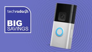 Ring video doorbell on purple background with white text reading 'TechRadar big savings'