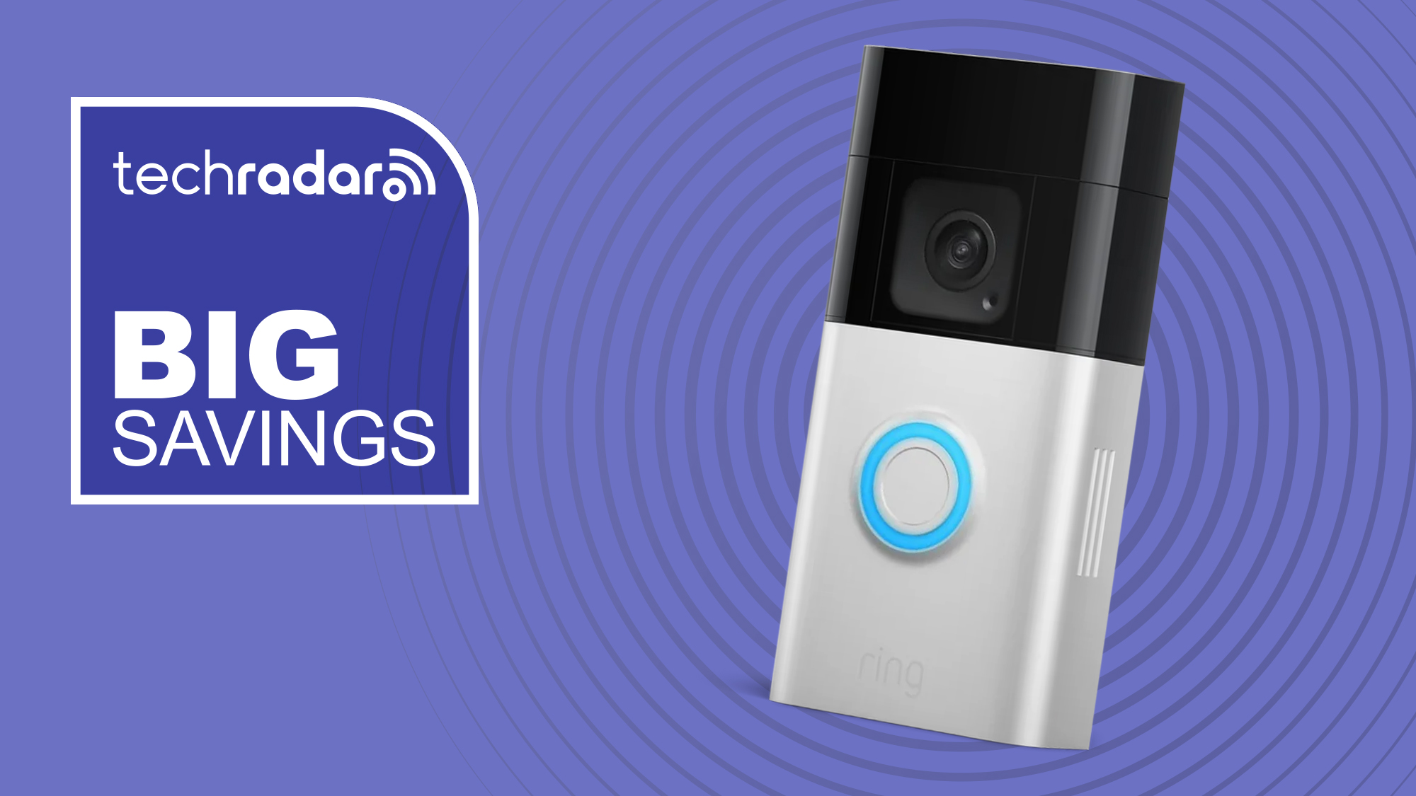 Ring video doorbell on purple background with white text reading &#039;TechRadar big savings&#039;