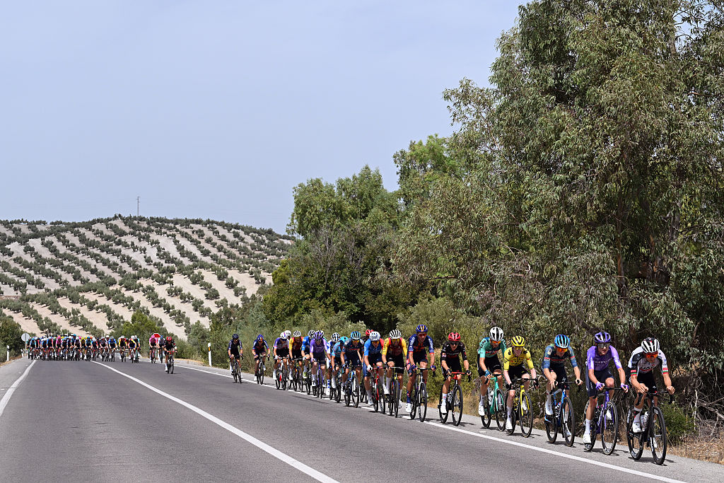 SIERRA DE LA PANDERA, SPAIN - SEPTEMBER 05: A general view of the peloton competing during the La Vuelta - 81st Tour of Spain 2026, Stage 14 a 154.5km stage from Jaen to Sierra de la Pandera 1816m / #UCIWT / on September 05, 2026 in Sierra de la Pandera, Spain. (Photo by Tim de Waele/Getty Images)