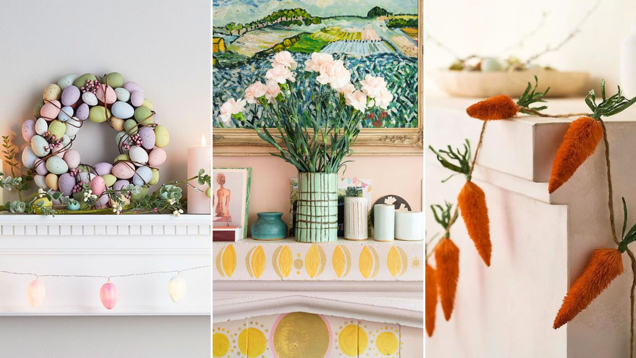 Spring mantel decor is so cute. Here are three examples of these - one white mantel with a pastel egg wreath leaning on it, one white and yellow painted mantel with a green vase of pink flowers and a painted green landscape behind it, and one corner of a white mantle with an orange carrot garland