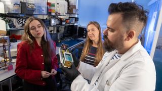 An experiment using different colored bacteria with the camera focused on a metal box containing the bacteria