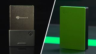 A split image of a Seagate Xbox Storage Expansion Card and Seagate external hard drive