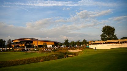 The 18th hole and clubhouse at Bernardus Golf