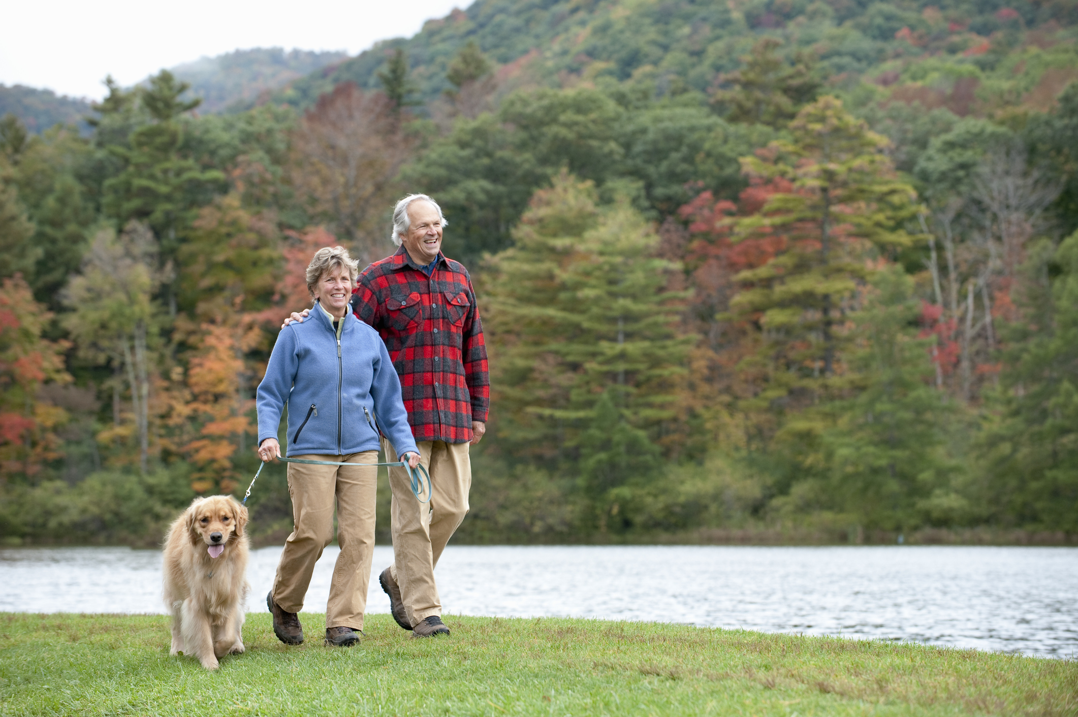 An older couple walking their golden retriever dog next to a pond during fall foliage.