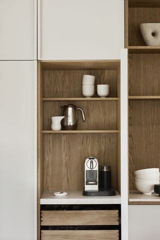 wood coffee niche in a white kitchen