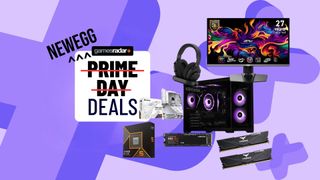 An assortment of gaming deals on a Prime Day deals background with Prime Day scored out and "Newegg" written above 