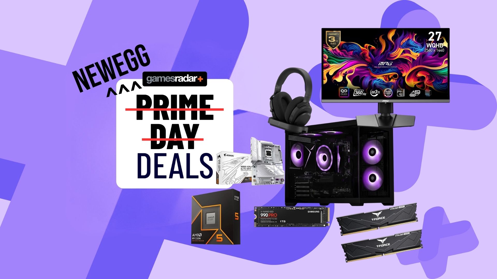 An assortment of gaming deals on a Prime Day deals background with Prime Day scored out and "Newegg" written above 