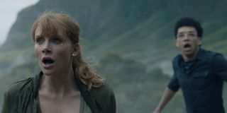 Jurassic World Fallen Kingdom Bryce Dallas Howard and Justice Smith panic on the island.