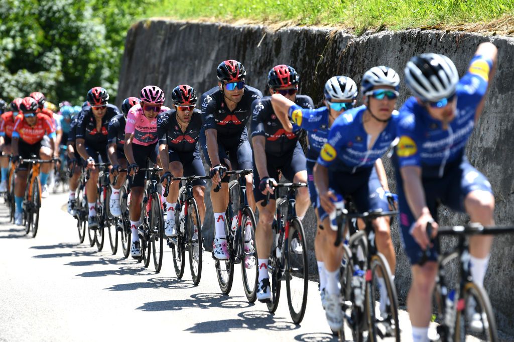 ALPE DI MERA VALSESIA ITALY MAY 28 Egan Arley Bernal Gomez of Colombia and Team INEOS Grenadiers Pink Leader Jersey Nicolas Jonathan Castroviejo of Spain and Team INEOS Grenadiers during the 104th Giro dItalia 2021 Stage 19 a 166km stage from Abbiategrasso to Alpe di Mera Valsesia 1531m Stage modified due to the tragic events on May the 23rd 2021 that involved the Mottarone Cableway UCIworldtour girodiitalia Giro on May 28 2021 in Alpe di Mera Valsesia Italy Photo by Tim de WaeleGetty Images