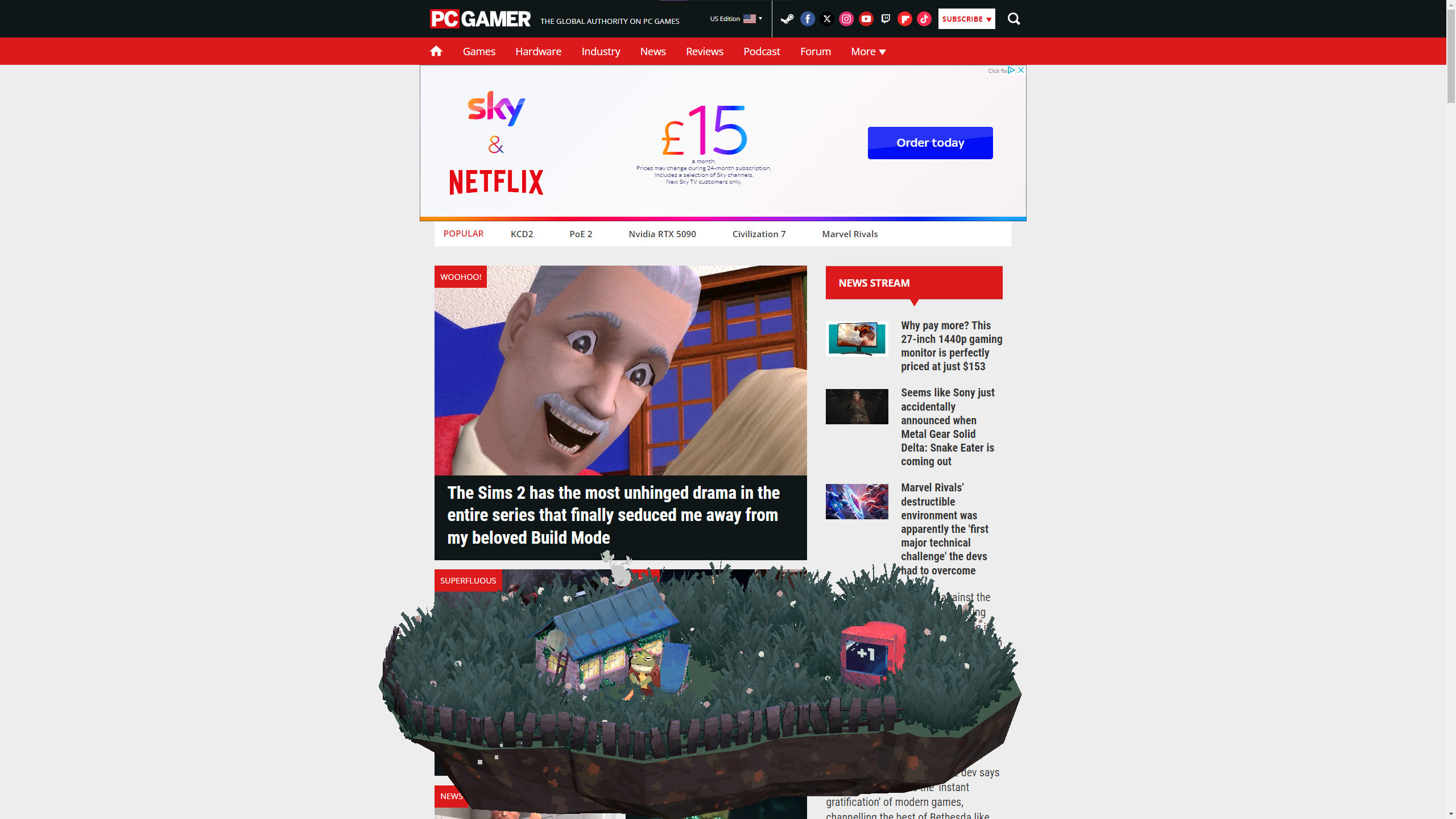 The front page of PC Gamer with Ropunka's Idle Island overlayed