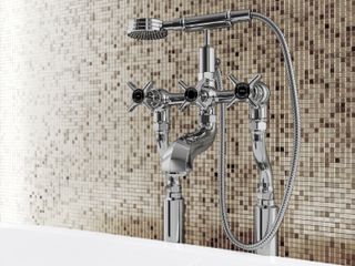 a traditional bath with traditional taps and hand shower