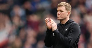 Newcastle United manager Eddie Howe applauds the fans after the team's defeat in the Premier League match between Aston Villa and Newcastle United at Villa Park on April 15, 2023 in Birmingham, England.