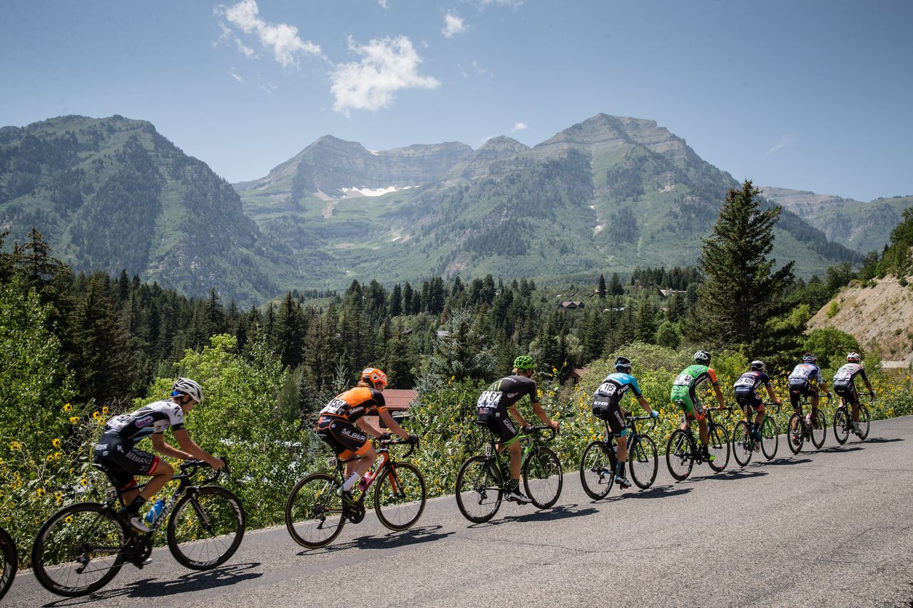 Mountains loom in the background of the Alpine loop during stage 6 in Utah