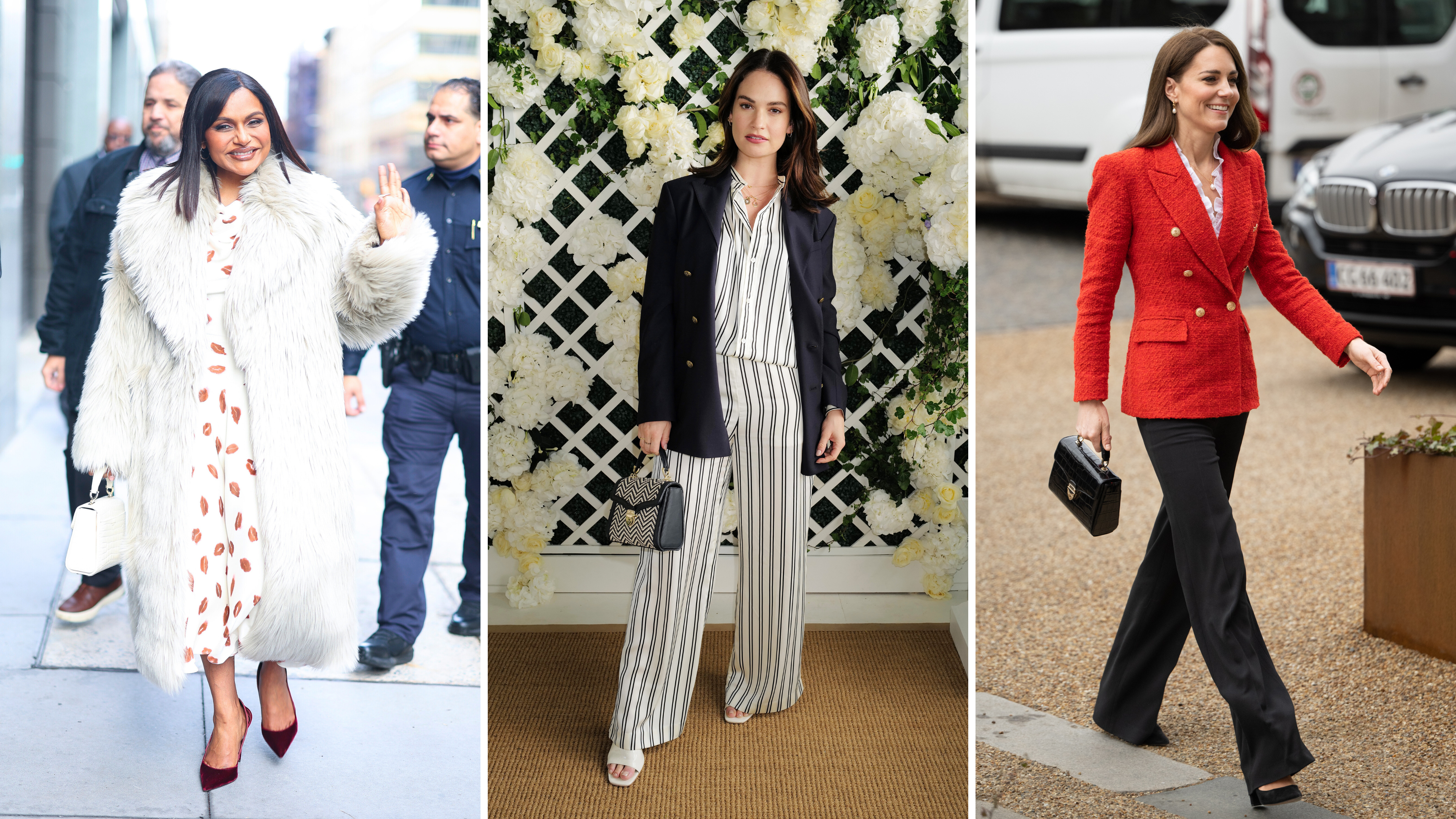 Mindy Kaling, Lily James and Kate Middleton wearing Aspinal of London Mayfair bag