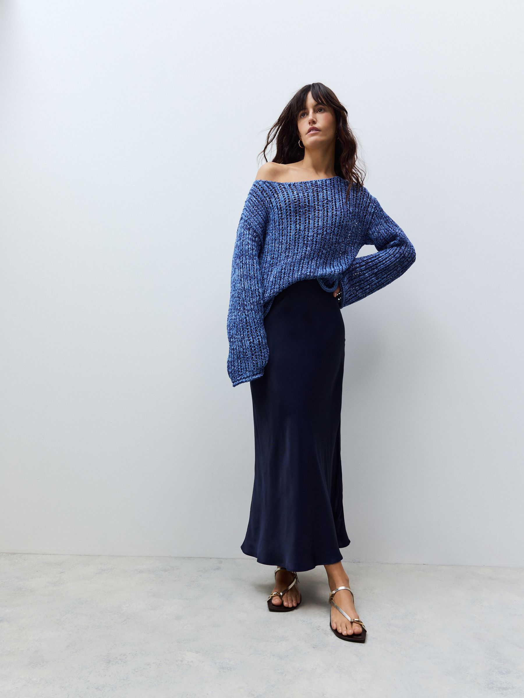 Navy Blue Satin Midi Skirt
