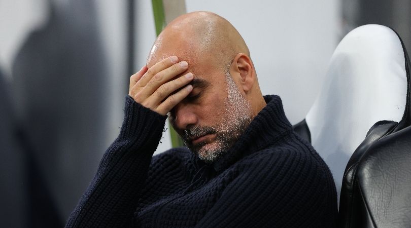 Manchester City manager Pep Guardiola looks dejected during a League Cup match in September 2023.