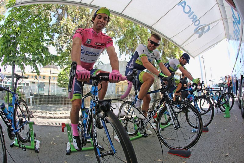 Michael Matthews and Brett Lancaster on the rollers at the Orica GreenEdge bus