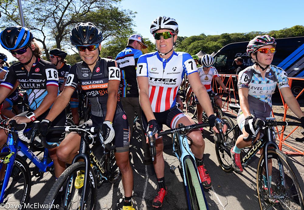 Women&rsquo;s first row (L to R) Caroline Mani (Raleigh Clement), Crystal Anthony (Boulder Cycle Sport), Katie Compton (Trek Factory Racing), Arley Kemmerer (Level Eleven Racing)