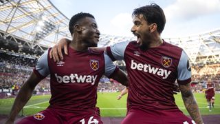 Mohammed Kudus (L) and Lucas Paqueta (R) celebrate a goal ahead of the West Ham vs Man Utd live stream