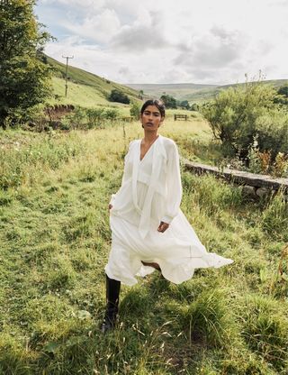 White Ruffle Bohana Midi Dress