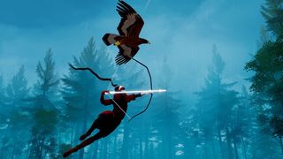 A screenshot from The Pathless showing the Hunter drawing her bow in mid-air, with her eagle companion flying nearby