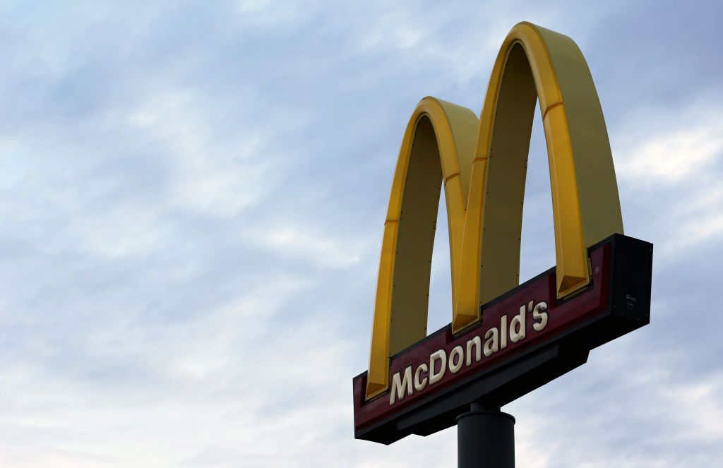 The McDonald&#039;s logo on a large sign at a McDonald&#039;s restaurant in Omaha, Nebraska