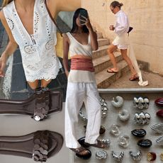 a collage of influencer, celebrity, and brand imagery featuring the biggest vacation fashion trends and brands of 2025