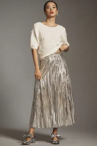 By Anthropologie Metallic Pleated Midi Skirt