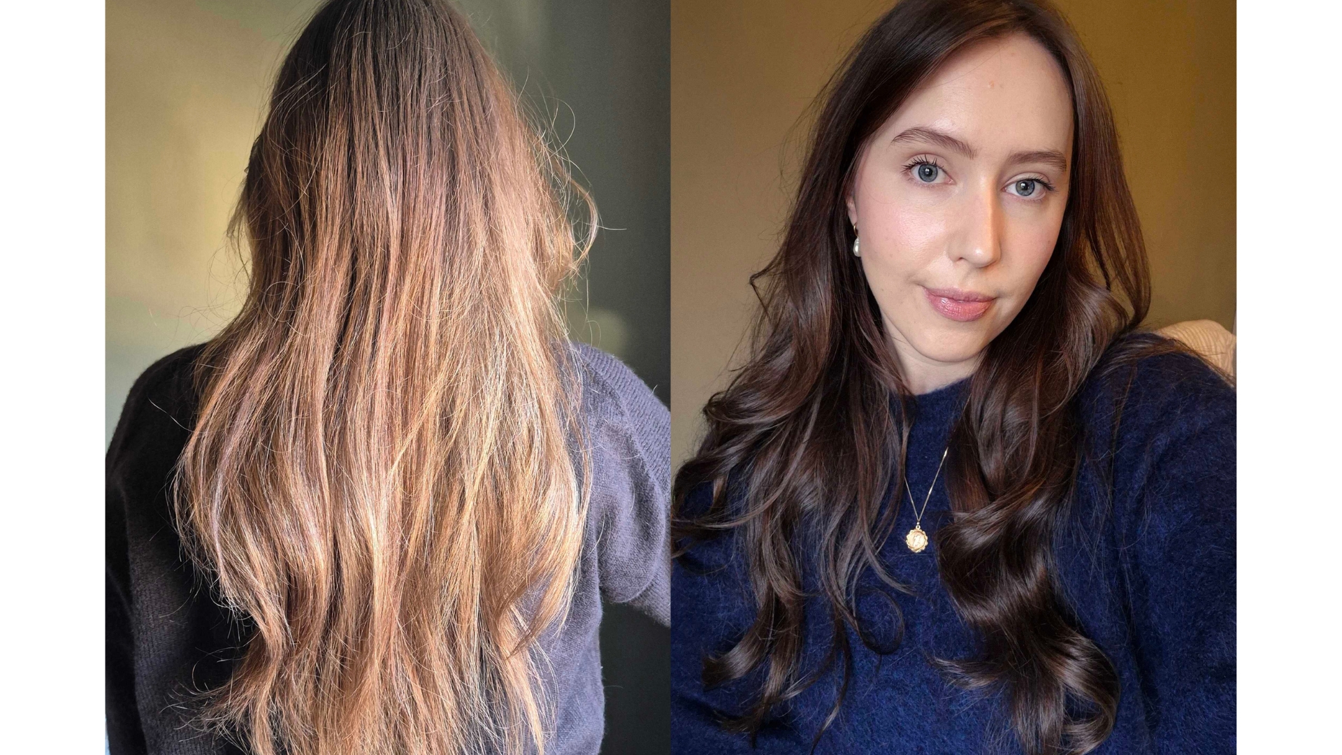 On the left is a picture of the back of Digital Beauty Writer, Naomi Jamieson's head, showing her long 'Bronde' hair before her appointment, and on the right, is a picture of her with long, curled brunette hair after her hair glossing appointment