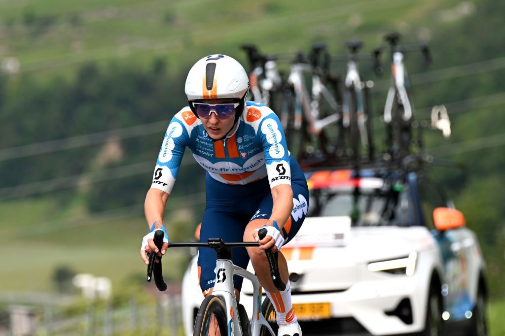 VILLARSSUROLLON SWITZERLAND JUNE 16 Juliette Labous of France and Team dsmFirmenich PostNl sprints during the 4th Tour de Suisse Women 2024 Stage 2 a 157km individual time trial stage from Aigle to VillarssurOllon 1249m UCIWWT on June 16 2024 in VillarssurOllon Switzerland Photo by Tim de WaeleGetty Images