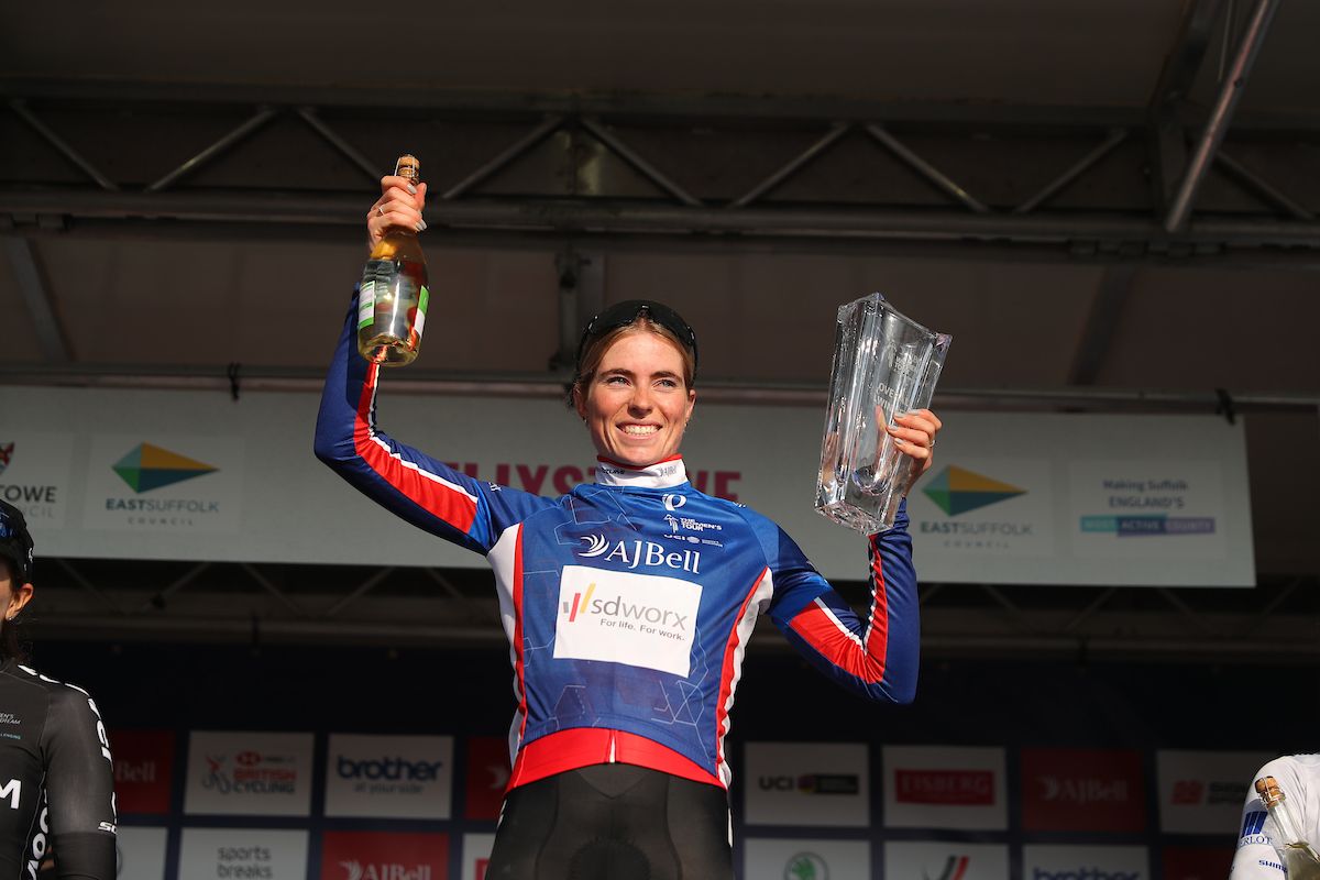 Picture by Alex Whitehead/SWpix.com - 09/10/2021 - Cycling - AJ Bell Women's Tour of Britain - Stage Six: Haverhill to Felixstowe, England - Overall general classification winner Demi Vollering of Team SD Worx on the podium