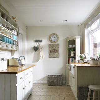 Galley kitchen styles with open dresser shelving