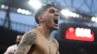 Lucas Torreira celebrates scoring a winner against Tottenham