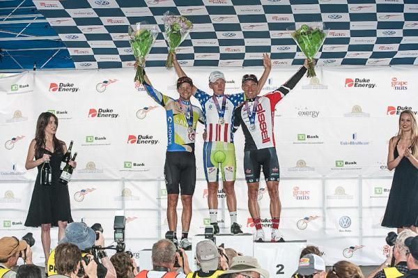 The 2012 US pro road championship podium (l-r): Kiel Reijnen, 3rd; Timmy Duggan, 1st; Frank Pipp, 2nd
