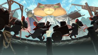 Keyart for Whiskerwood, showing mice workers scurrying about under the baleful gaze of a fat cat.