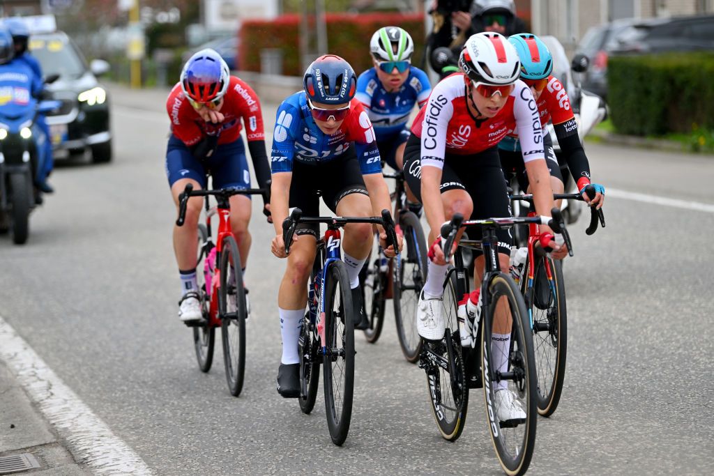 OUDENAARDE BELGIUM MARCH 31 LR Gladys VerhulstWild of France and Team FDJ SUEZ and Josie Talbot of Australia and Cofidis Women Team compete in the breakaway during the 21st Ronde van Vlaanderen Tour des Flandres 2024 Womens Elite a 163km one day race from Oudenaarde to Oudenaarde UCIWWT on March 31 2024 in Oudenaarde Belgium Photo by Luc ClaessenGetty Images