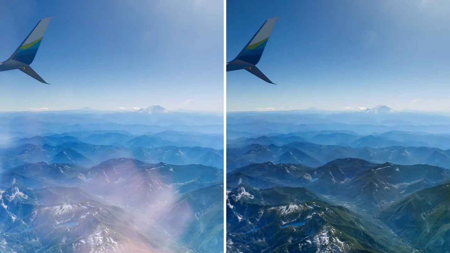 Two photos taken from a plane window with reflections removed using Adobe's Reflection Removal tool