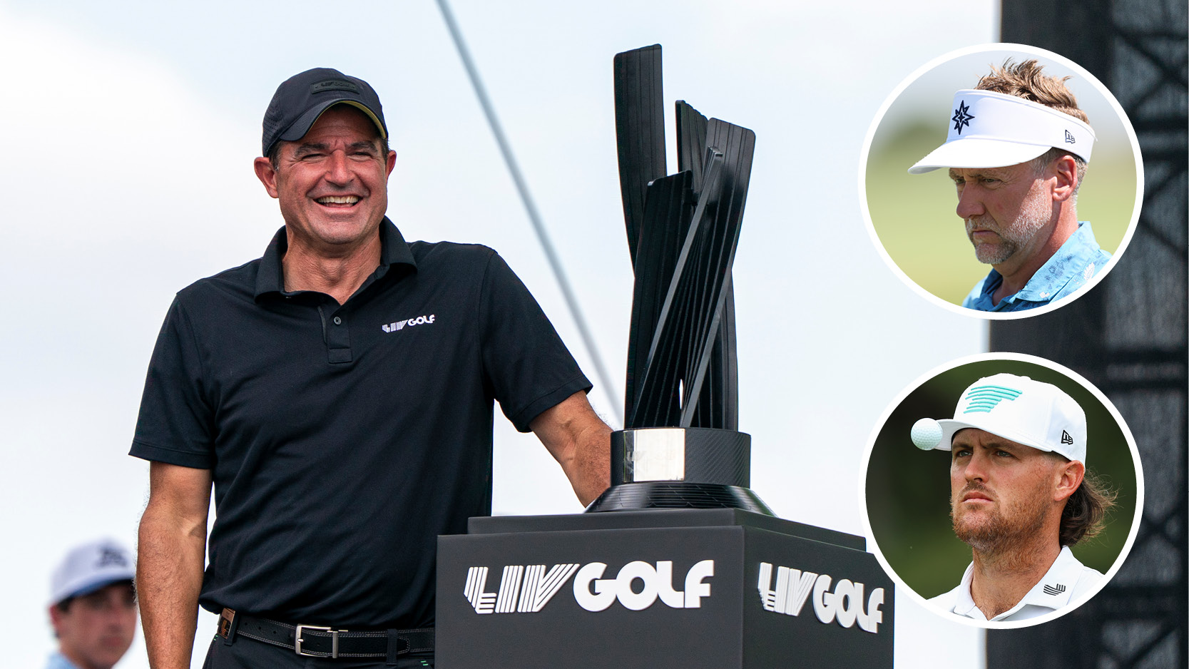 Main image of Scott O&#039;Neil stood next to a LIV Golf trophy with inset headshots of Ian Poulter (top right) and Mito Pereira (bottom right)