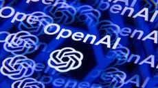 The OpenAI logo in white, reflected in a kaleidoscopic fashion on a blue background.