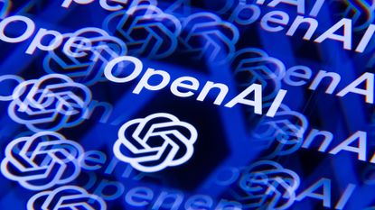 The OpenAI logo in white, reflected in a kaleidoscopic fashion on a blue background.