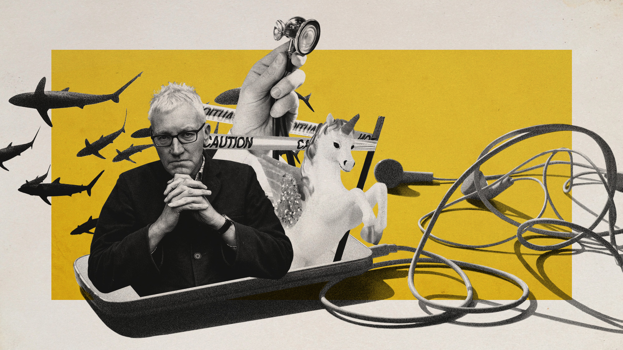Photo collage of police tape, a toy unicorn, a hand holding a stethoscope, the historian Tom Holland, and a swarm of sharks coming out of a phone screen with wired headphones attached