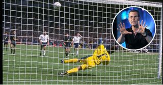 Goalkeeper David Seaman of England saves a penalty from Gary McAllister of Scotland during the England v Scotland match in Group A of the European Football Championships at Wembley. England beat Scotland 2-0. With an inset of Uri Geller